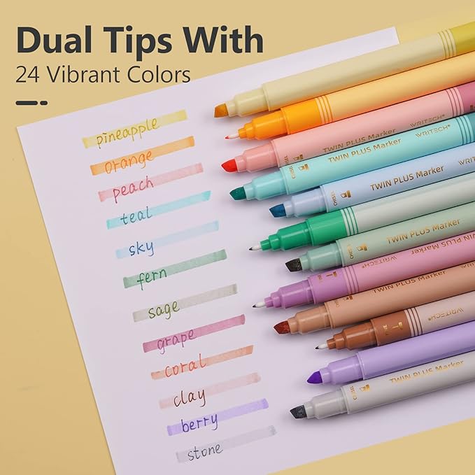 WRITECH Dual Tip Highlighter Markers: Aesthetic Fine & Chisel Tip Pastel Vintage Marker Multicolor Pens Pack No Bleed & Smear for Bible Highlighting Journaling, Assorted Colors 12ct