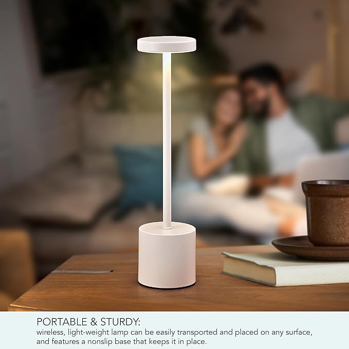 Mikasa LED Cordless Metal Table Lamp, Portable Rechargeable 5,000 mAh, 3 Color Stepless Dimming, White, 3.15x3.15x13.5 Inch