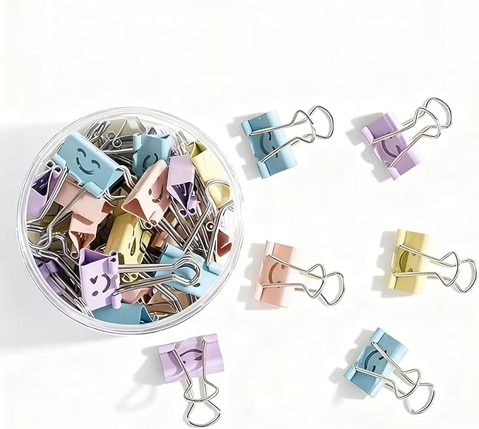 Small Binder Clips, 70 Pack, 3/4 Inch, Standard 19mm, Colorful, Hollowed Smile Design, Capacity 0.31 Inch, Mini Paper Clips, Fold Clamp, Office and School Supplies