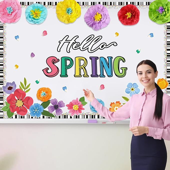 62 Pcs Hello Spring Bulletin Board Sets Spring Flower Classroom Decoration 3D Floral Bulletin Board Flower Cutouts for Classroom Chalkboard Wall Decor