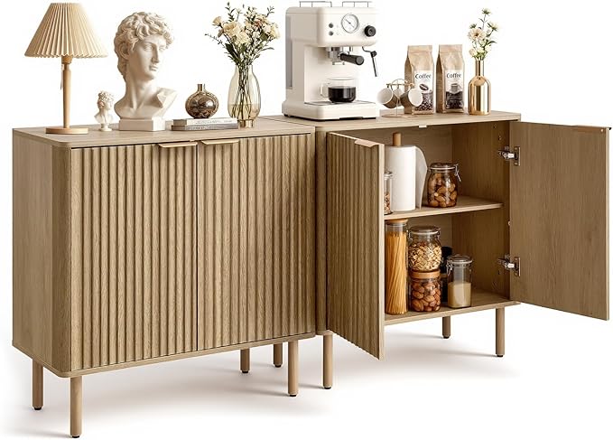 VEVOR Buffet Cabinet, Sideboard Cabinet with 2-Tier Storage, Coffee Bar Cabinet with Adjustable Shelves, Fluted Sideboard Buffet for Hallway, Entryway, Living Room, or Kitchen, Oak(2pcs)