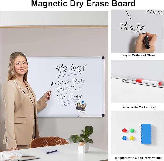 OLIXIS Magnetic White Board, Dry Erase Board for Wall 32" x 48", Whiteboard with 1 Dry Eraser & 2 Multicolor Markers & 4 Magnetic Pins, Aluminium Frame for School, Office, White