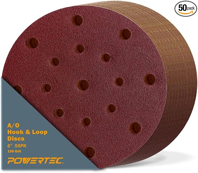 POWERTEC 45815, 6" x17 Holes, 150 Grit, A/O Hook and Loop Disc for Festool RO150 / ETS 150 Sander, Red, 50PK