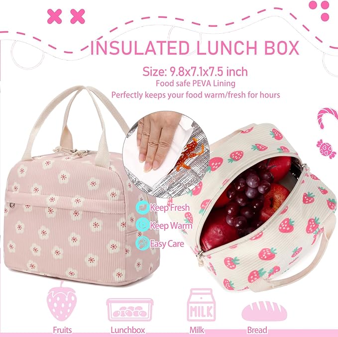 Corduroy Flower Backpack for Girls Teens School Bookbag with Lunch Box Pencil Case Laptop Sleeve Elementary Middle School Bag, Sakura-Pink