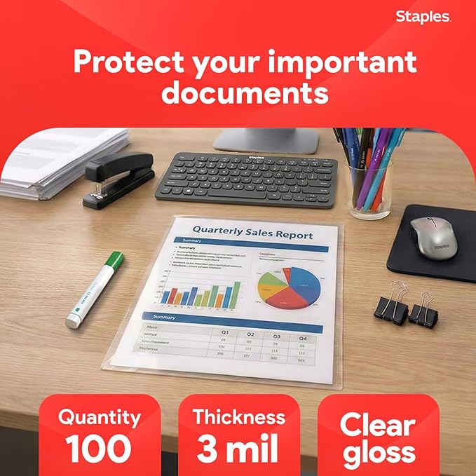 Staples Thermal Laminating Pouches, Letter Size, 9 x 11.5 Inches, 3 Mil, 100/Pack, for Office & School Use