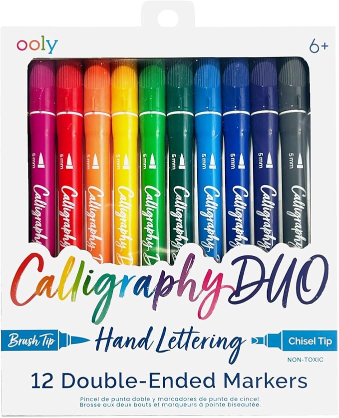 Ooly Calligraphy Duo - 12 Double Ended Calligraphy Pens for Writing & Hand Lettering, Dual Tip Pens for Beginners or Kids Includes 1 Brush & 1 Chisel Tip Pen in Classic Colors