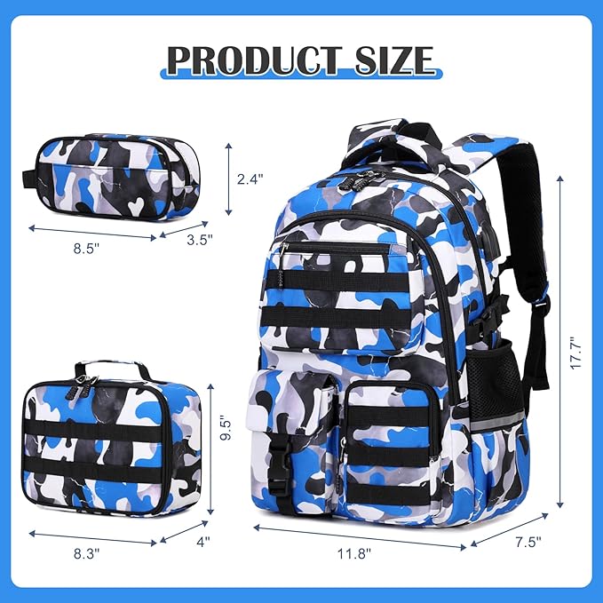 Camo Backpack for Boys, Tactical Boy Backpacks for School, Kids Backpack With Lunch Box Pencil Case USB Charging Port Military Army SchoolBags for Boy Teens Kids Elementary Middle High School