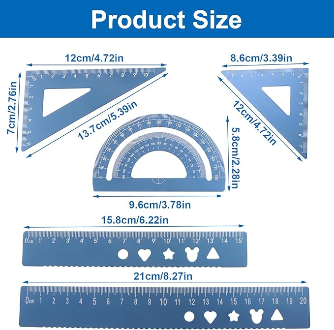5-Piece Metal Geometry Set, Aluminum Ruler Drafting Kit Protractor & Triangular Rulers Precision for Engineers, Students, Math Measurement Tools(Blue)