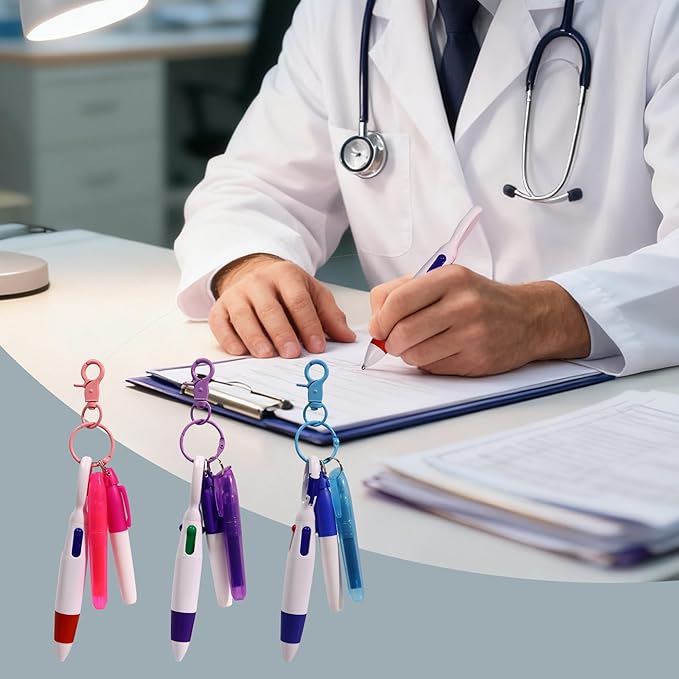 12 Pcs mini Highlighter nurse pen set, including 3 highlighters, 3 permanent markers and 3 retractable ballpoint pens, with 3 Pcs nurse keychain clip (purple + red + blue)