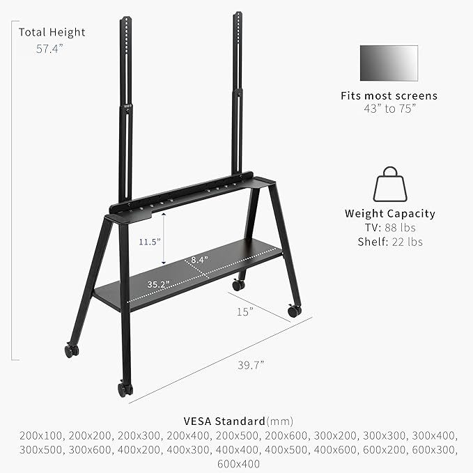 VIVO Rolling Artistic Easel 43 to 75 inch LED LCD Screen Mobile Studio TV Display Stand, Wood Accessory Shelf, Adjustable TV Mount with 4 Legs, Black, STAND-TV75RB