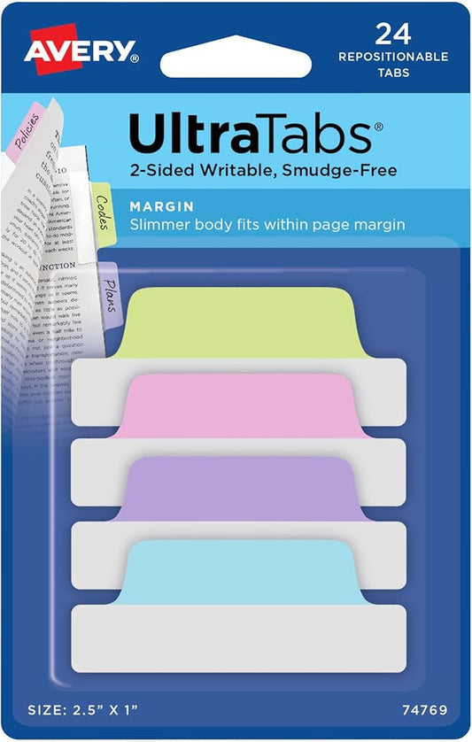 Avery Margin Ultra Tabs, 24 Repositionable Sticky Tabs, 2.5" x 1", 2-Side Writable Page Markers in Assorted Pastel Colors, 72 Pack (74769)