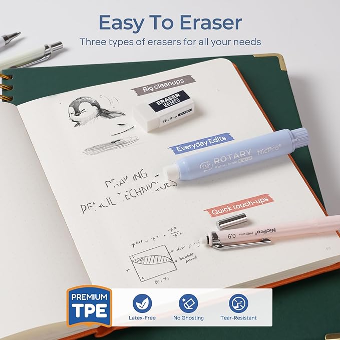 Nicpro Cute Mechanical Pencil Set, 4PCS 0.9mm Pastel Drafting Pencils with 4 Tube HB Lead Refills, 4B Erasers, Rotary Retractable Eraser and Eraser Refill for Writing Sketching Back to School Supplies