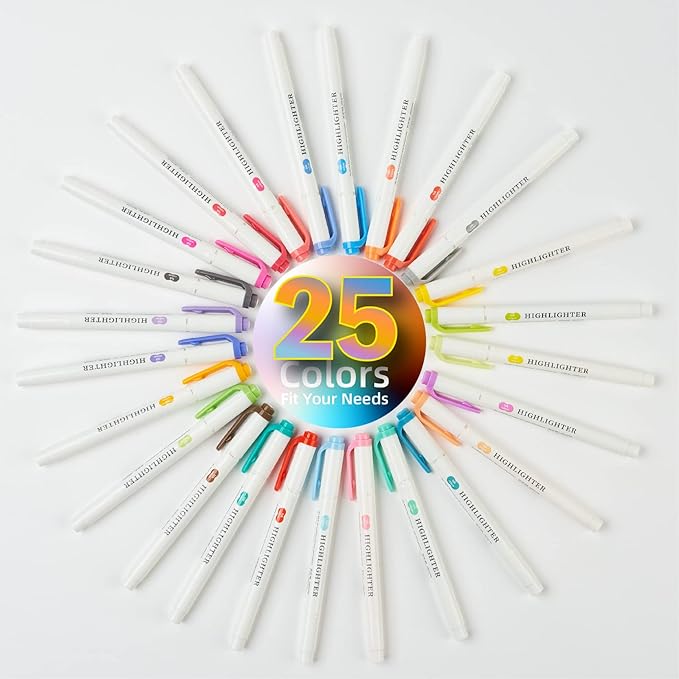25Pcs Real Mild highlighters Assorted Colors Highlighters, Pastel Highlighter Markers Dual Tip Highlighter Markers Chisel and Fine Tips for Coloring, Underlining, Highlighting (25 colors)