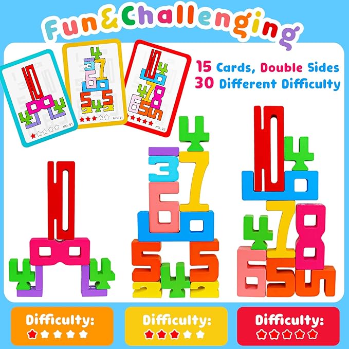 Montessori Wooden Number Building Blocks Toys for Toddlers Kids Stacking Number Blocks 1-10 Preschool Math Learning Educational Toys for 3 4 5 Year Old Boys Girls Gifts 3-5 Balance Competition Game