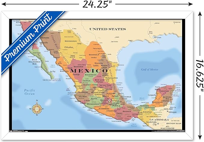 Trends International Map - Mexico Wall Poster, 14.725" x 22.375", White Framed Version