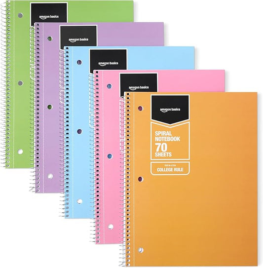 Amazon Basics College-Ruled Spiral Notebook, For Work and School, 70 Sheets, 8" x 10.5", Assorted Pastel Solid Colors, 5-Pack