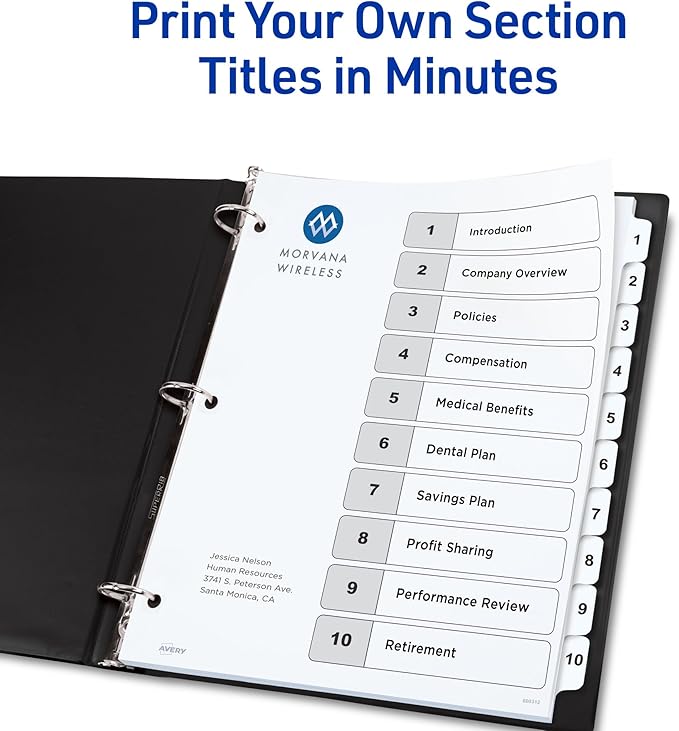 Avery Dividers for 3 Ring Binders, 10 Tabs per Set, Customizable Table of Contents, Classic White Tabs, Great for Organizing Reports, Projects, and More (3 Sets of 11077)