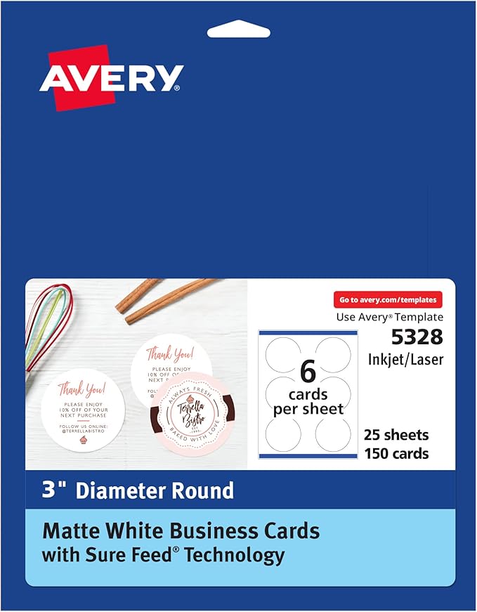 Avery Round Business Cards, Sure Feed Technology, 3" Diameter, Matte White, 150 Total, Print-to-the-Edge, Laser/Inkjet Printable (5328)