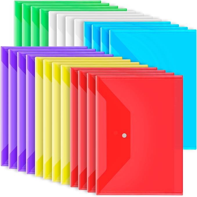 LEOBRO File Folders, 24 PCS Plastic Folders for Documents, A4 Plastic Envelopes with Snap Closure, Letter Size Clear Envelopes Folders, Reusable File Bags, Document Holder
