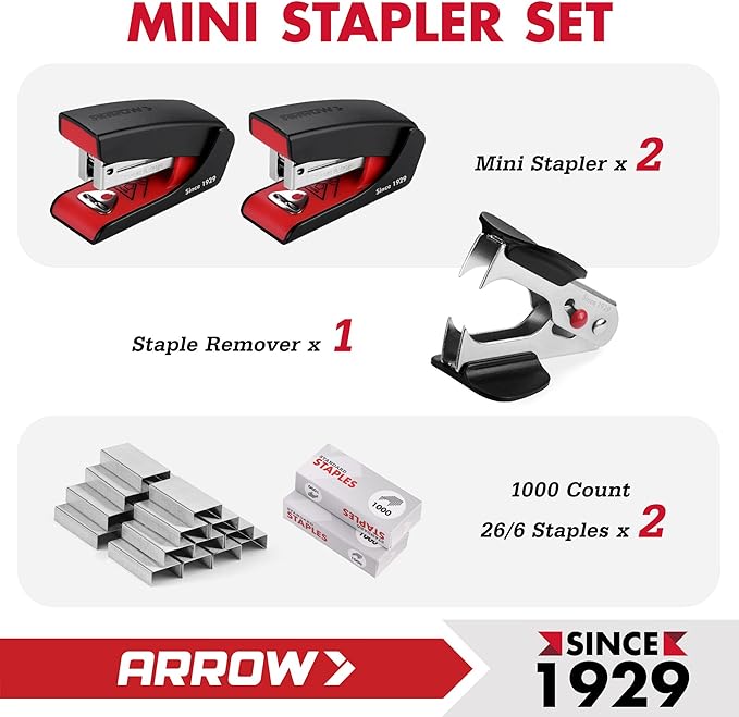 Arrow Mini Stapler with Staples, 16 Sheets Capacity, 2-Pack Small Stapler with Staple Remover and 2000 Count 26/6 Staples for Daily Office Use, School Tasks and Home Organization