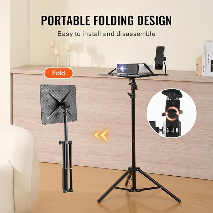 VEVOR Projector Stand, Laptop Stand Tripod Adjustable Height 26.97 to 63 in, Portable Projector Tripod with Tray & Gooseneck Phone Holder, for Outdoor Movies, Home, Office, Stage or Studio