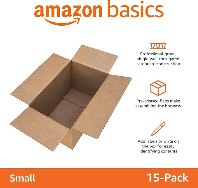 Amazon Basics Cardboard Moving Boxes for Packing and Shipping, Small Size, 16" x 10" x 10", Brown, 15-Pack