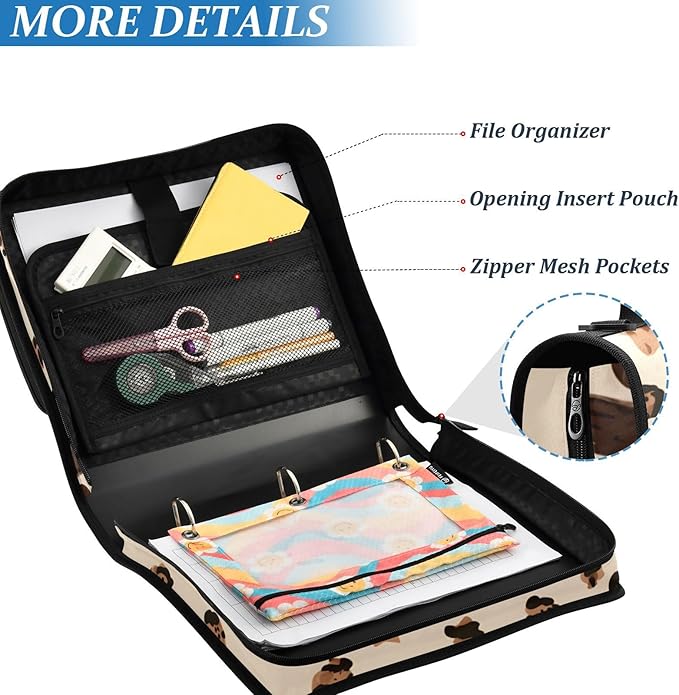 3 Ring Zipper Binder with Shoulder Strap Leopard Print Bow Pattern 1.5 inch Binders Keeper Large Capacity Multi Pockets for School Office Supplies