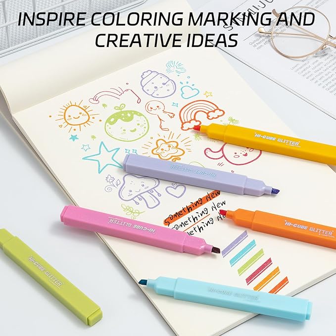M&G HI-CUBE Glitter Highlighters, 6 Pack Vibrant Colors with Glitter Ink, No Bleed Soft Chisel Tip for Bible Study, Cute Aesthetic Highlighters for Journaling, Planners & Notes