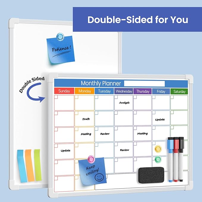 Blue Whiteboard Calendar for Wall,16" x 12" Hanging Dry Erase Calendar Board, Monthly White Board for Home,School, Office