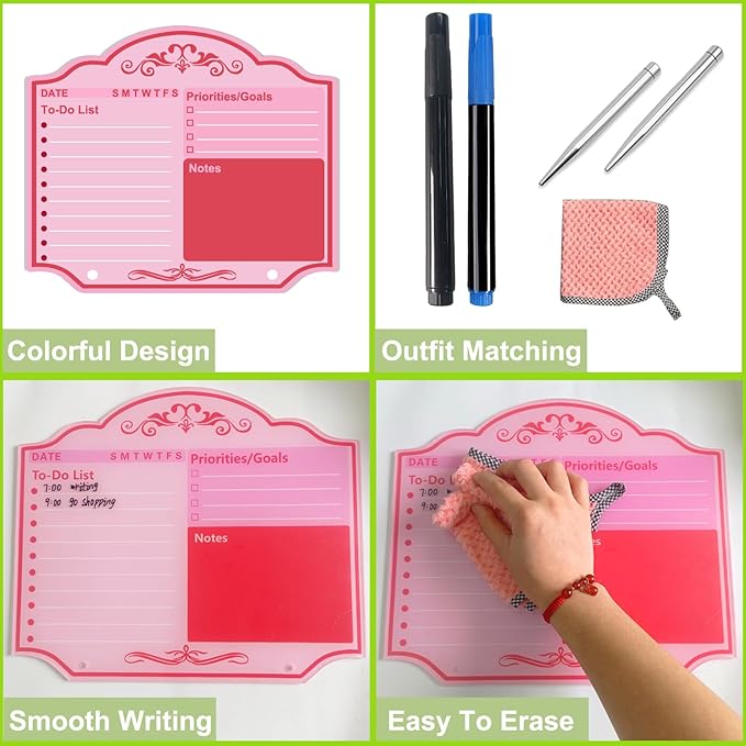 Desktop Thickened Acrylic Dry Erase Board to Do List Planner Board 12" x 10" Tabletop Priorities Notes Whiteboard with Stand Markers Pink for Office Home School Desk Weekly Daily Task Organizer
