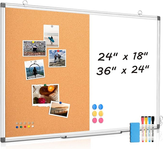 WALGLASS Combination Magnetic Whiteboard & Corkboard, 36"x24" Combo for School, Office & Home, Dry Erase Board with Removable Tray, Pins, Eraser, Markers & Magnets
