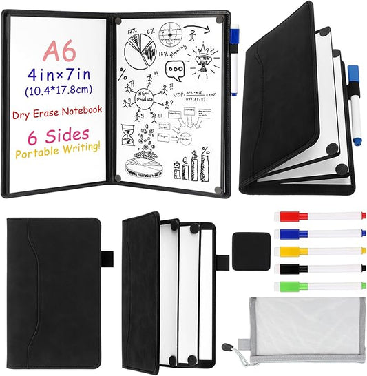 6 Sides Dry Erase Notebook Portable Whiteboards Notepad 5"x7"(a6) Small Reusable Board Foldable Anti-ghosting Surface, Travel Dry Erase White Board for Office Study Meeting Planning