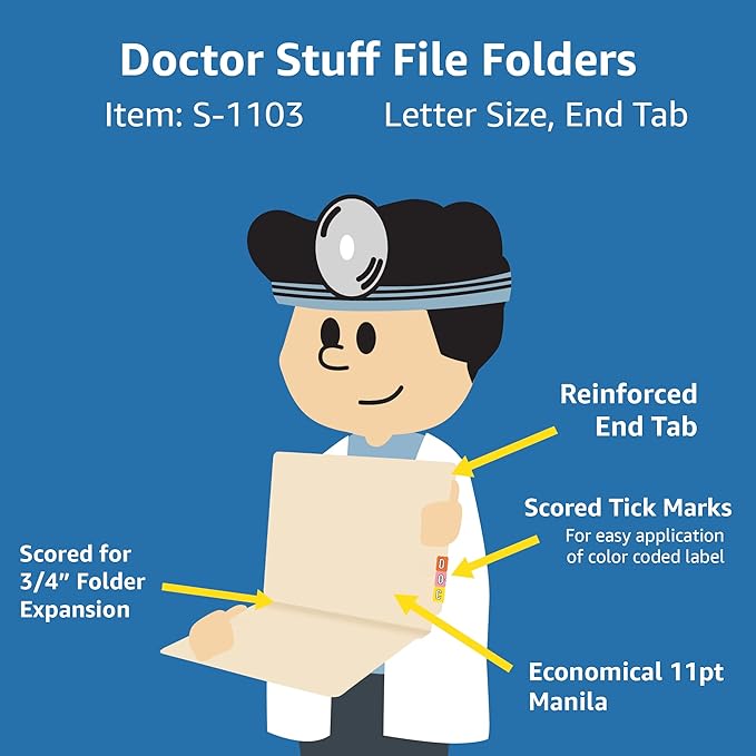 Medical File Folders, Doctor Stuff, 11 pt Manila Folders, Full Cut, 2 Ply, Letter Size, Reinforced End Tab Folders, Box of 100