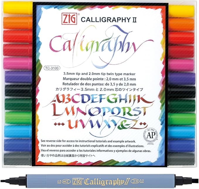 Kuretake ZIG Calligraphy Marker Pens, 12 Colors set, 2mm & 3.5mm Dual Tip Markers, for Writing & Hand Lettering, for Professional, Beginner, Water-based dye ink, Made in Japan