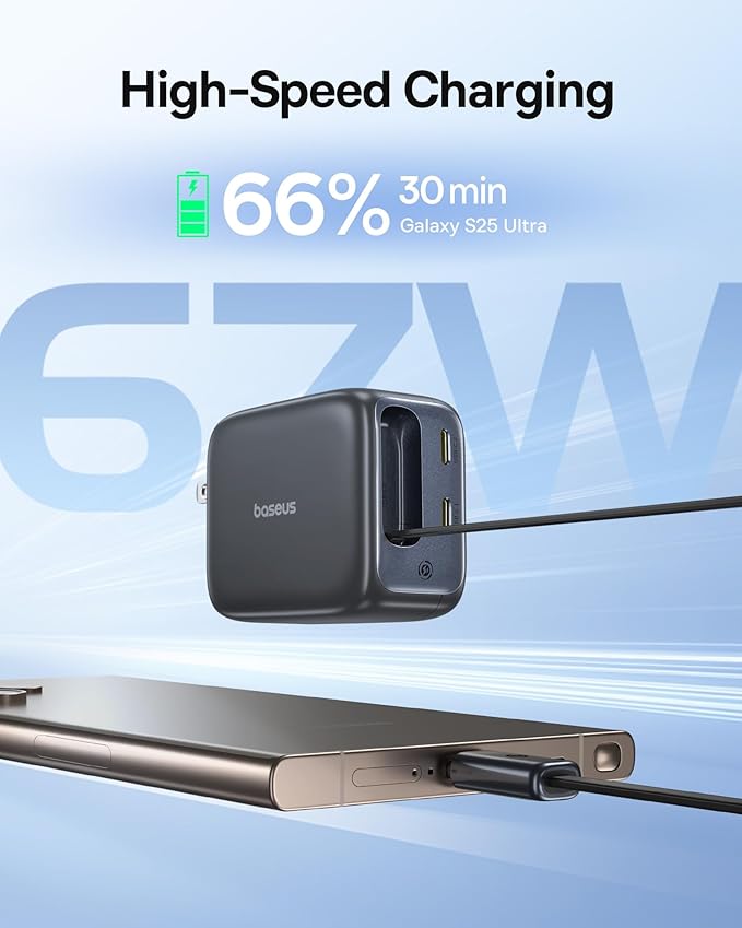 Baseus Retractable USB C Charger, 67W 3 in 1 Fast Charging Block with Foldable Plug, Enercore CJ11 PD/PPS for Galaxy S25/iPhone 17/16/15 Series/MacBook Air/Airpods 4