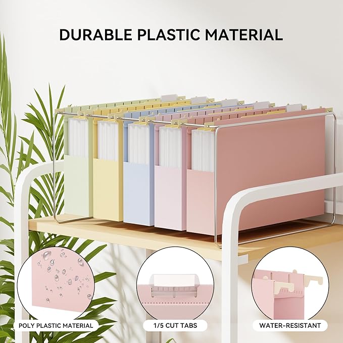 Ansook Legal Size Hanging File Folders Extra Capacity, Heavy Duty 2 Inch Expansion Plastic File Folders Hanging with Tabs,12 Pack Pastel File Cabinet Folders, Expandable Hanging File Folder Organizer