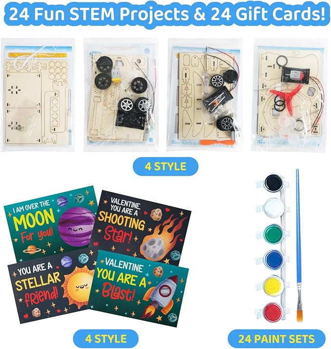 Valentines Day Gifts for Kids - 24 Pack DIY Science Craft Kits with Valentines Cards - STEM Projects Educational Toys for Boys Girls Age 6-12 Classroom Exchange School Activities Party Favors