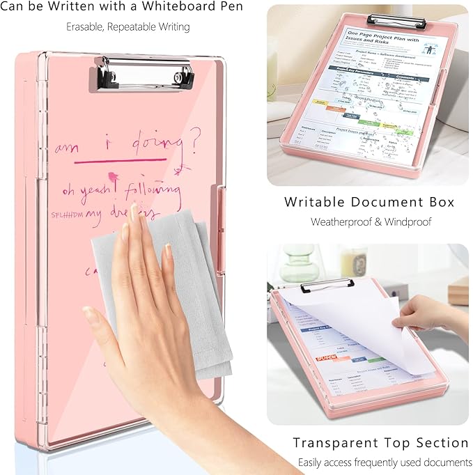 SFLHHDM Clipboard with Storage,Heavy Duty Clip Boards 8.5x11 with 2 Storage Case,Clear Visible Panel Storage Clipboards,Side Opening Nursing Clipboard Folder for Office Supplies-Pale Pink