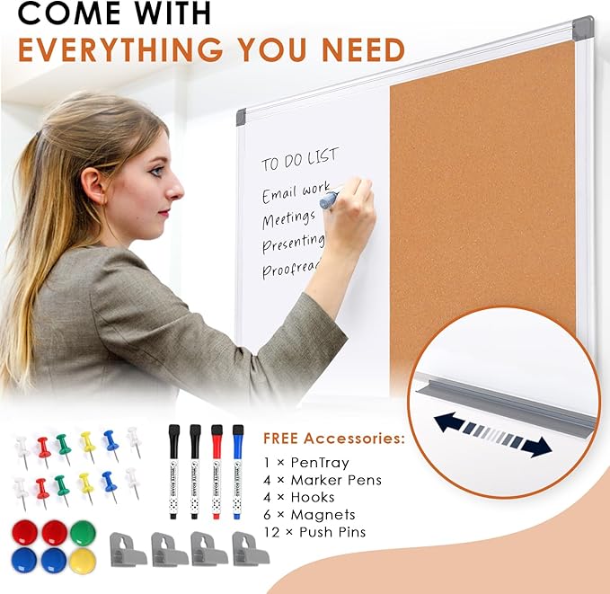 S SWANCROWN Dry Erase Board Cork Board Combo, 24"x18" Magnetic White Board and Bulletin Pin Board Combination,Hanging Wall Mounted Vision Board for Home, School, Office,Silver Frame