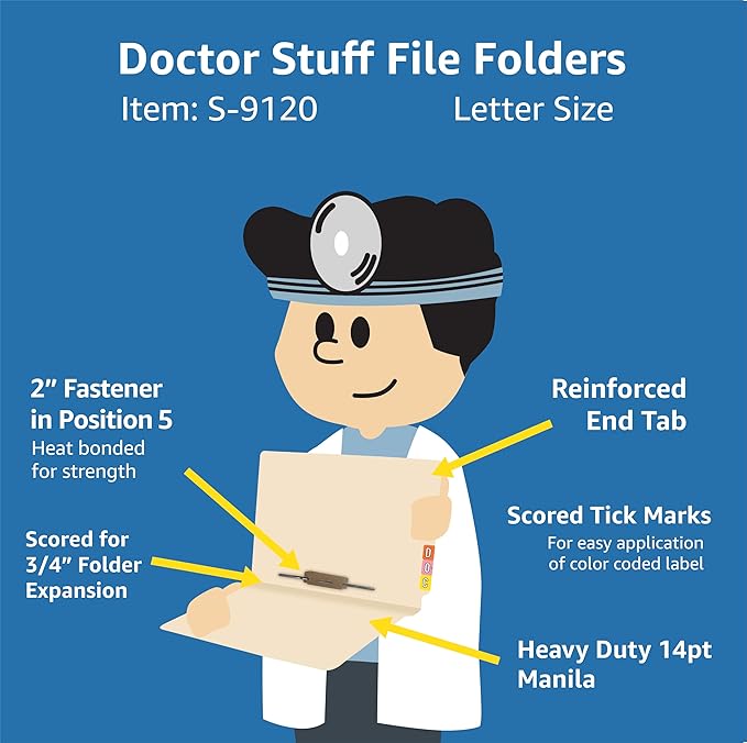 Manila File Folders, Doctor Stuff, Manila Letter Size Reinforced End Tab Folders with 2” Bonded Fastener on Inside Back in Position 5, 14 pt Manila Stock, Box of 50