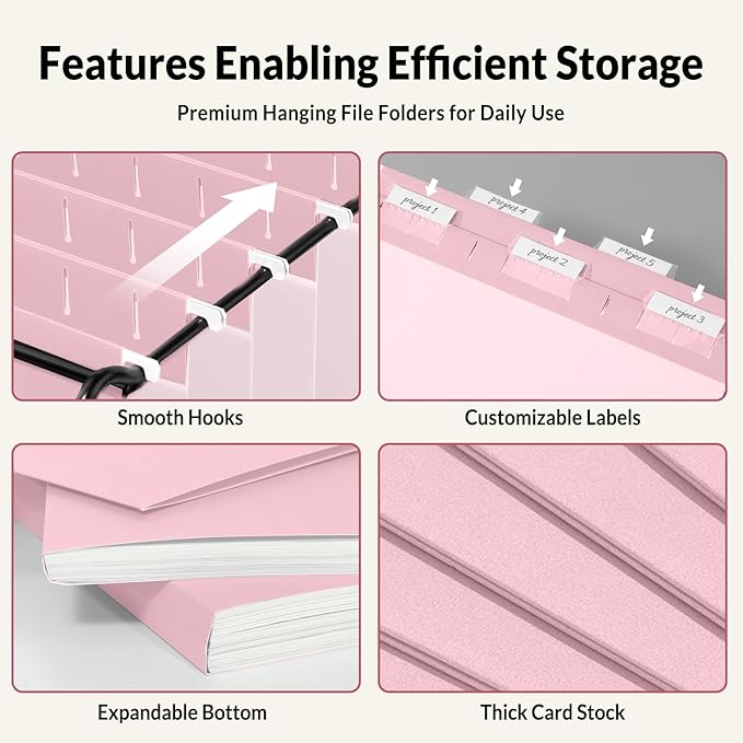 SUNEE 6 Pack Hanging File Folders, Pink Folders, Hanging File Folders Letter Size with 1/5-cut Tabs, Stay Organized for Your Home and Office Bulk File and Documents
