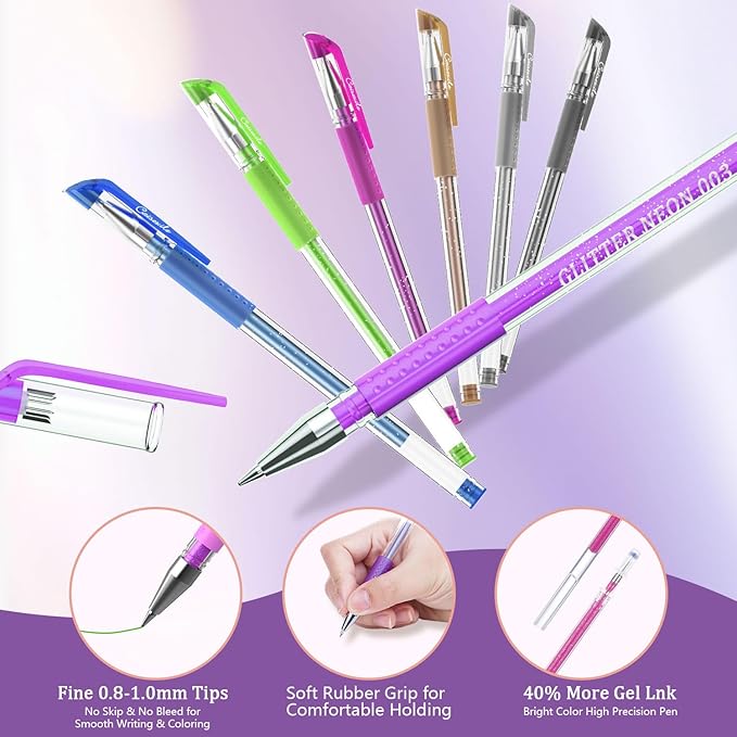 Glitter Gel Pens for Adult Coloring Books, 96 Pack Artist Gel Pens 48 Colors with 50% More Ink for Drawing Note Taking Crafts Scrapbooks Journaling Doodling Diary Back to School Supplies