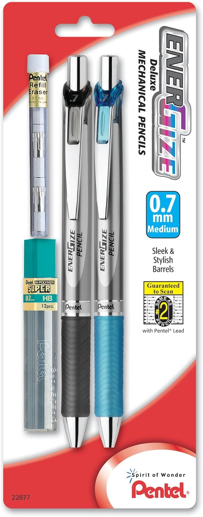 Pentel EnerGize Automatic Pencil with Lead and Erasers, 0.7mm, Assorted, 2 Pack (PL77LEBP2)