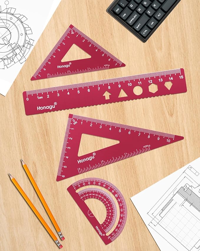 Honagu Triangular Ruler Set, 4 Pieces Aluminum Alloy Ruler, Metal Drafting Ruler, Geometric Protractor for Students,Teacher, Draftsmen, Engineers,Gift Stocking Stuffers for Kids (15cm/5.9inches, Red)
