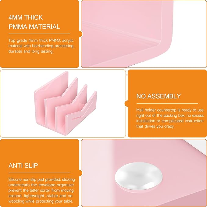 Beego Envelope and Mail Organizer Countertop - 3 Compartments Pink Acrylic Desk Organizer Letter Holder Desktop File Sorter Bill Document Folder Rack for Office, Home, School Desk Organization