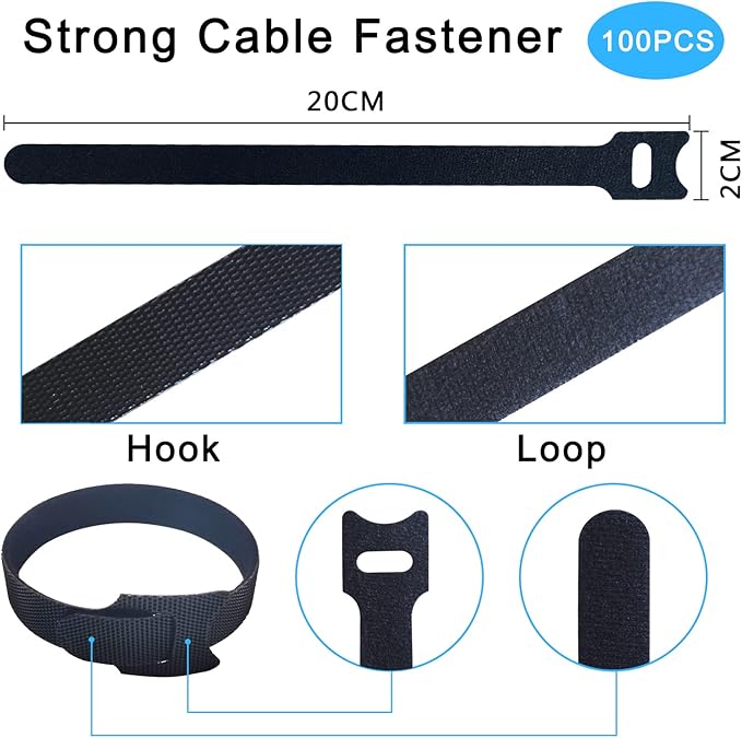 100pcs Reusable Cable Ties 7.8 In |Adjustable Cord Straps&Wire Wraps|Hook and Loop Cable Management Organizer