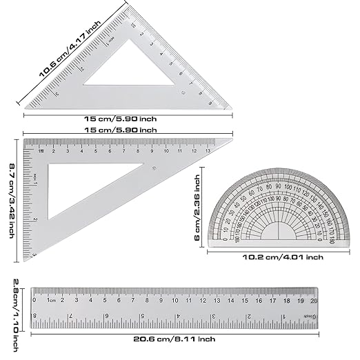 4 Pcs Math Geometry Set, Transparent Plastic Geometry Kit Includes Protractor, Straight Ruler, Triangle Ruler, Clear Measuring Tools, Drafting Ruler for School and Office Supplies