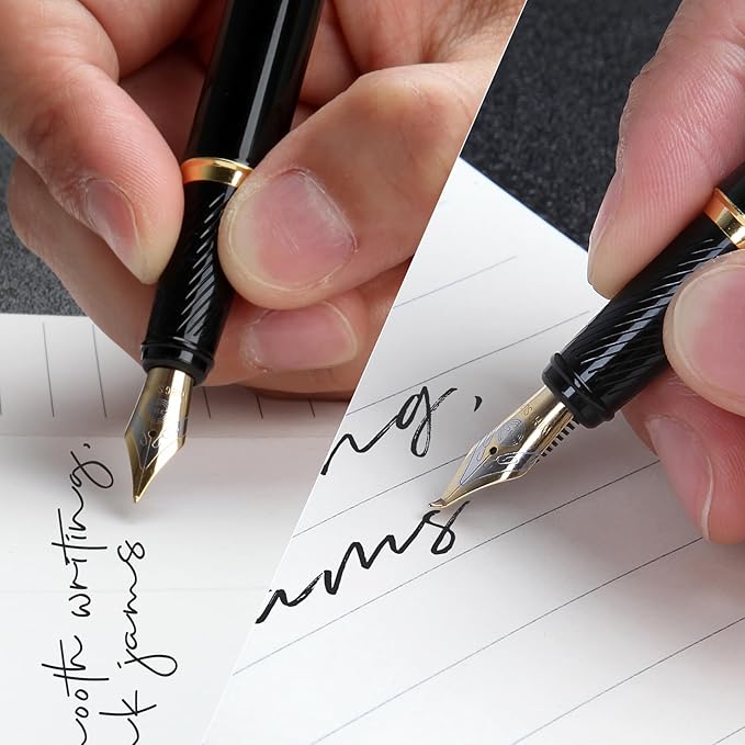Fountain Pen with Fine Nib & Black Ink, Refillable & Elegant Bent Nib Design, Calligraphy Pens for Writing, Best Fountain Pen for Smooth & Fancy Writing (Black)