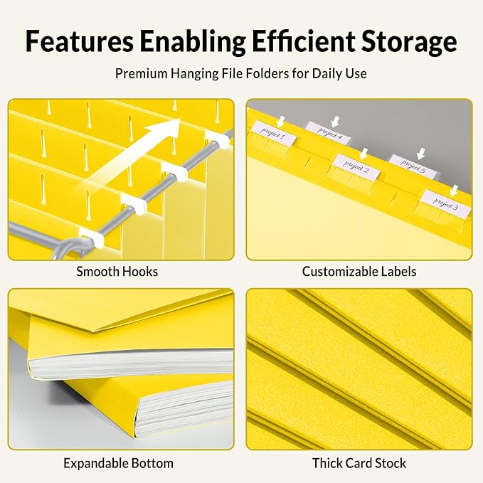 SUNEE Hanging File Folders, 25 Pack Letter Size Hanging File Folders with 1/5-Cut Tabs, Ideal for Home and Office Organization and Papers Classification,Yellow