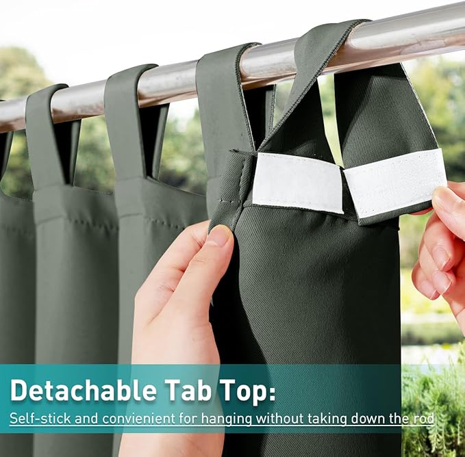 NICETOWN 2 Panels Greyish Green Long Outdoor Curtainss for Patio Waterproof, Detachable Sticky Tab Top Blackout Indoor Outdoor Blinds Heat & Cold Blocking Privacy for Gazebo/Porch, W52 x L108